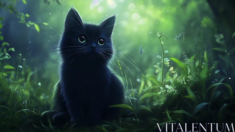 Black Cat in Luminescent Green Forest.