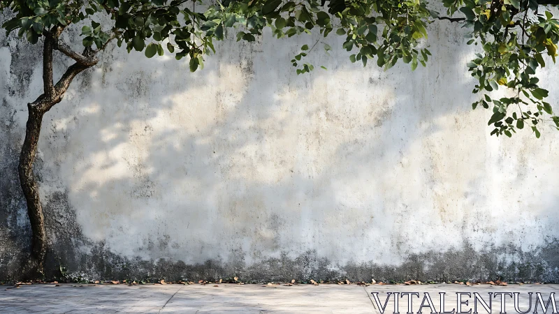 Leaning tree casts soft foliage shadows on aged wall