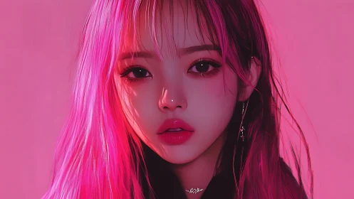 Digital portrait of pink-haired woman on monochrome background.