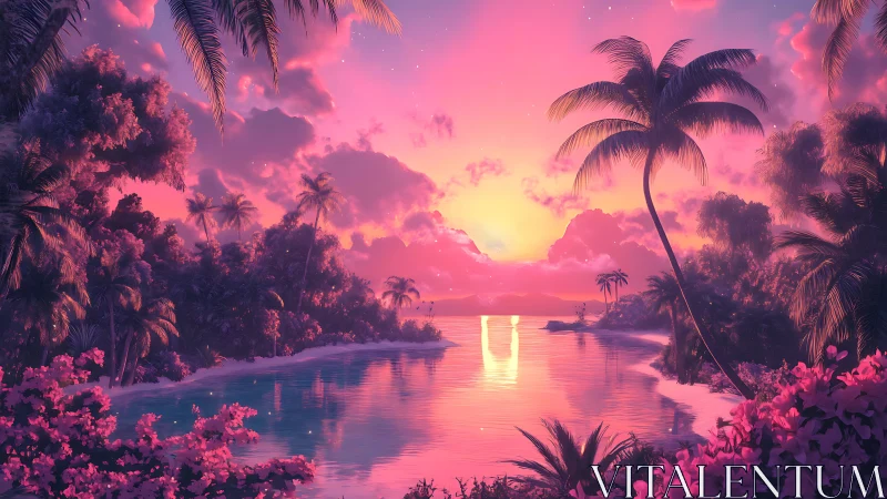 Dreamy tropical sunset paints a peaceful lagoon in pink light