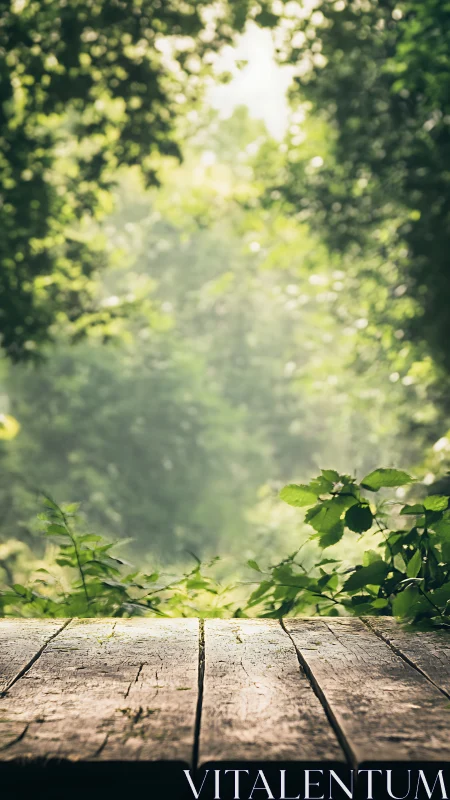 Wooden Platform Overlooks Verdant Forest Canopy at Golden Hour.