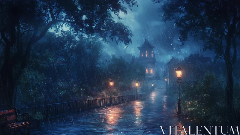 Rain-soaked lantern path leads to illuminated tower in misty park