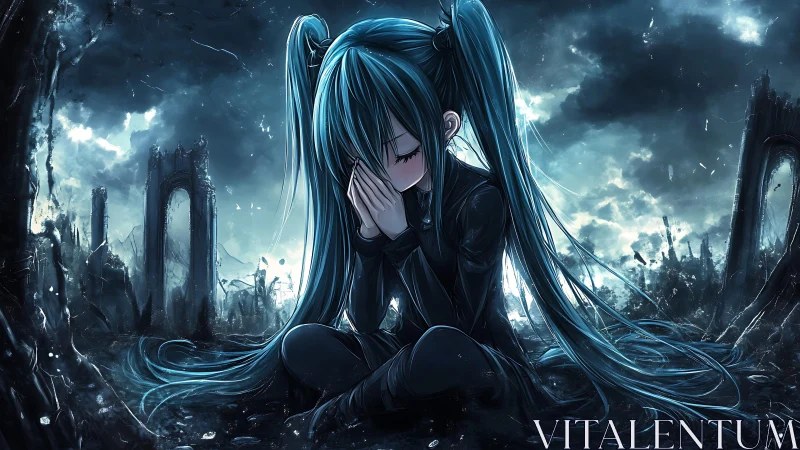 Blue haired girl praying alone amid ruined dark cityscape.