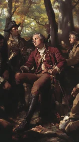 Military officer in red coat resting with soldiers in forest