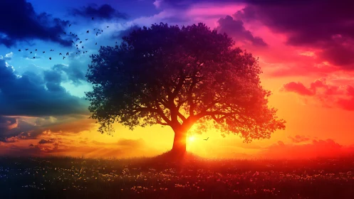 Solitary tree silhouette against multicolor sunset sky.