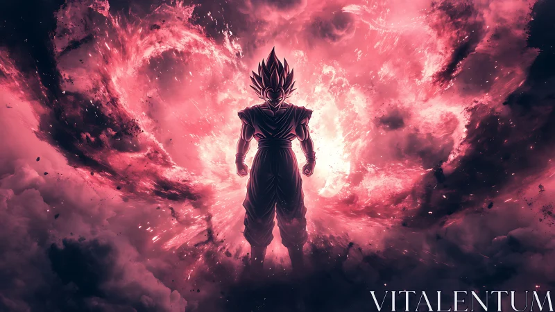 Silhouetted warrior in pink nebular energy vortex explosion