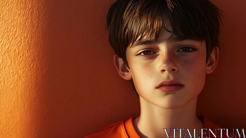 Freckled boy in warm sunset light against orange wall.