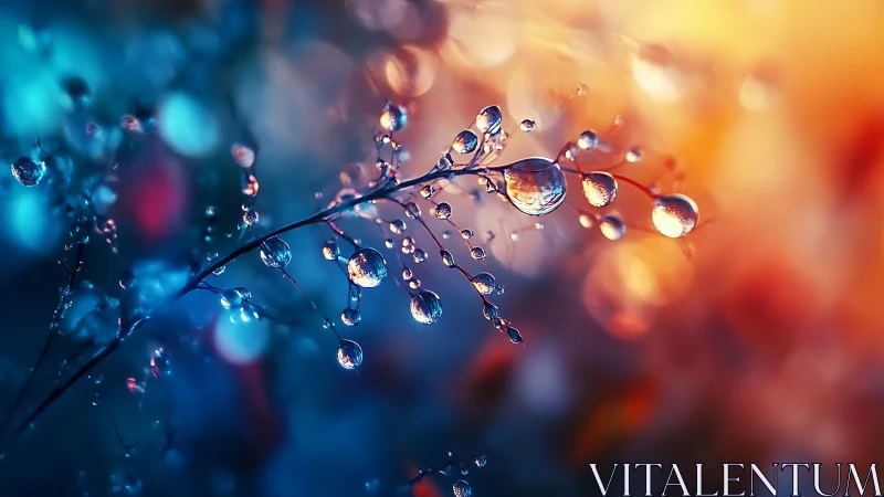 Glistening dewdrops shimmer on branches in neon twilight glow