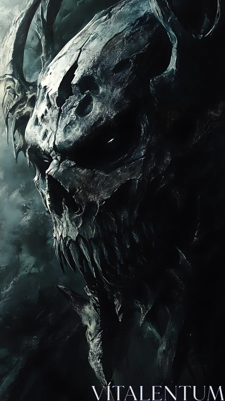 Skeletal horned entity in dark atmospheric digital artwork.