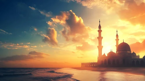 Coastal mosque silhouette against low sun over calm sea.