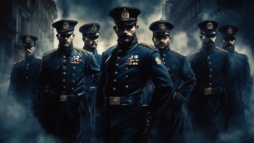 Night patrol of determined officers steps through city fog