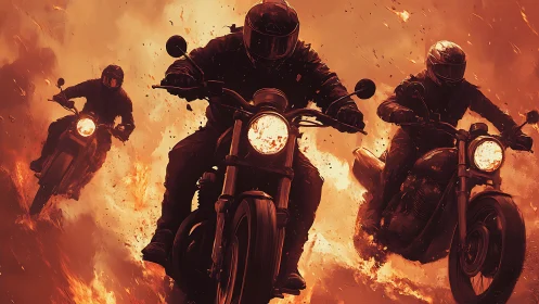 Motorcyclists ride through dense fire and flying embers.