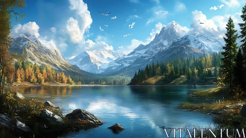 High-altitude alpine lake with snow-capped peaks and autumn forest