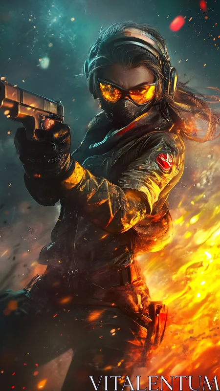 Masked soldier aiming handgun amid fire and sparks.