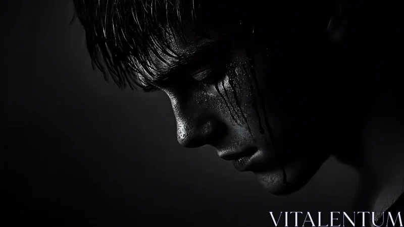 Low key side profile portrait with wet skin and streaked fluid