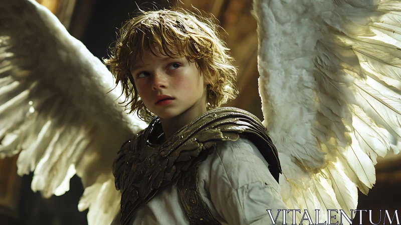 Golden-haired angelic warrior gazes sideways in soft light.