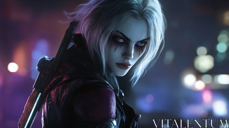 White-haired cyberpunk hunter glares over neon city at night