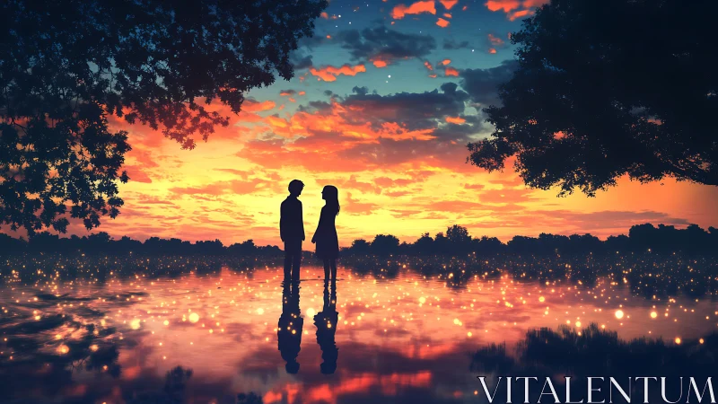 Silhouetted couple by reflective lake at vivid sunset.