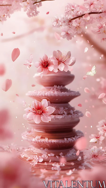 Layered ceramic tower with cascading cherry blossoms in bloom.
