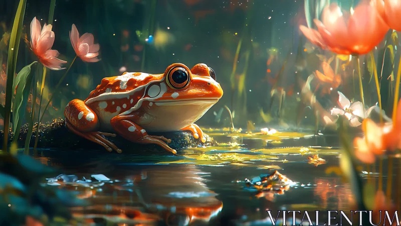 Daydreaming polka-dot frog in a spellbound lily glade.