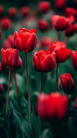 Red Tulips in Sharp Focus Against Blurred Garden Background