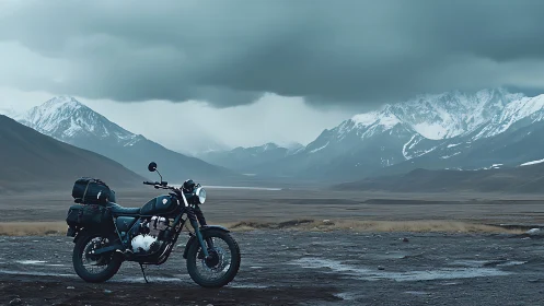 Photorealistic touring motorcycle in glacial valley landscape.