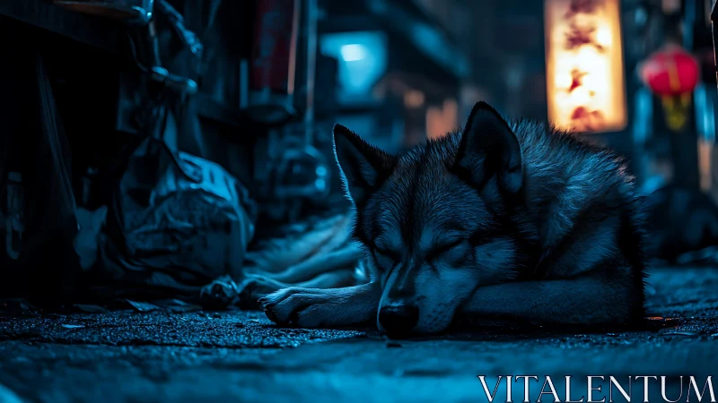 Midnight husky curls into neon shadows and quietly dreams