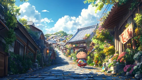 Smiling child exploring a sunny flower-filled village street.