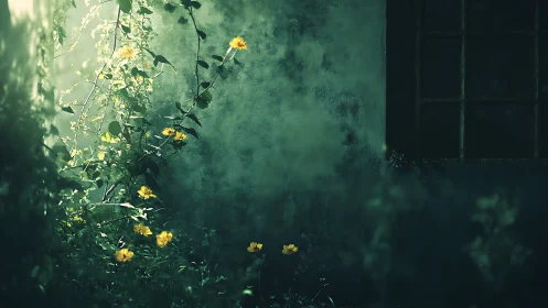 Yellow flowers growing beside an aged exterior wall.