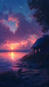 Lakeside cabin glows warmly beneath a vibrant twilight sky