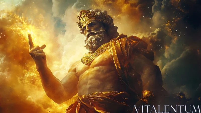 Majestic sky god wrapped in glowing golden storm clouds.