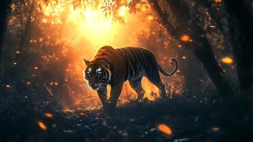 Tiger crossing ember-lit forest floor in cinematic dusk glow.
