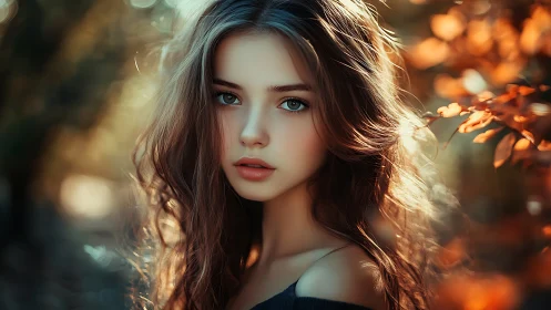 Digital portrait girl with teal eyes in autumn light.