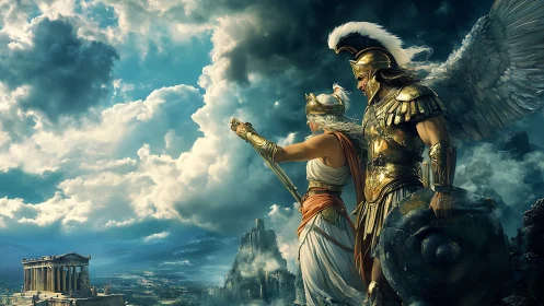 Winged golden warrior and goddess above storm-lit Olympus.