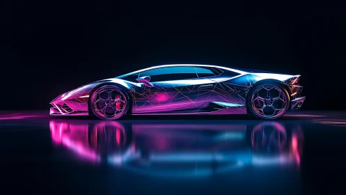 Futuristic neon supercar glows over sleek reflective floor.
