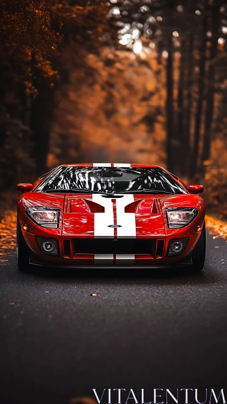 Red sports car with racing stripes on forest road at dusk.
