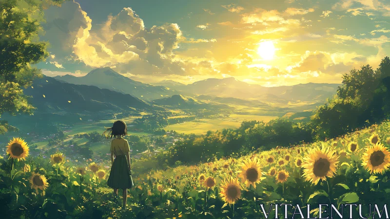 Backlit sunflower valley and solitary figure under golden sky