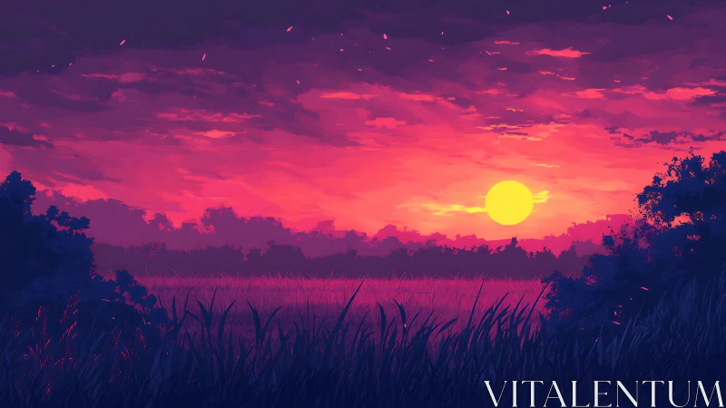 Digital landscape of sun over field and distant treeline.