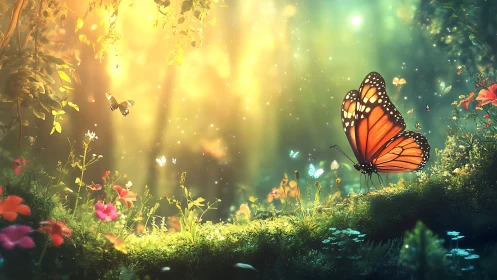 Enchanted butterfly in magical forest, vibrant fantasy art scene.