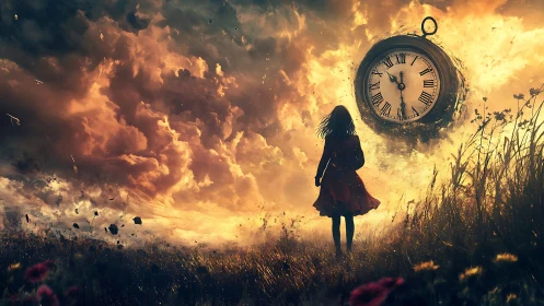 Girl gazes at burning sky while colossal clock dissolves in time.