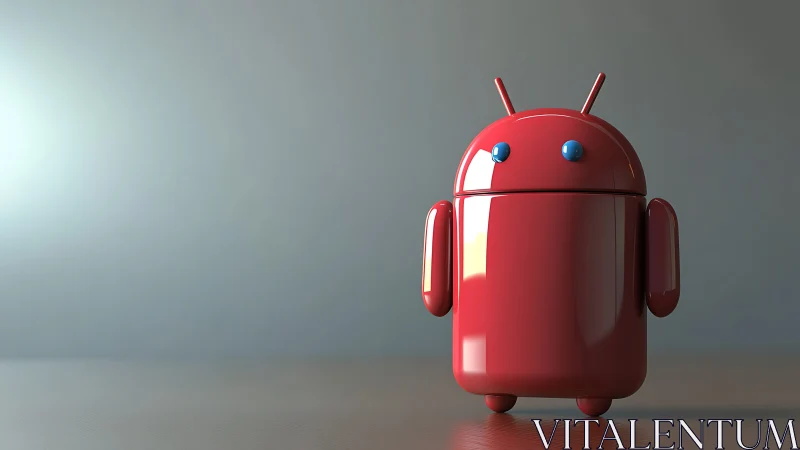 Red glossy android robot figure on plain studio surface.