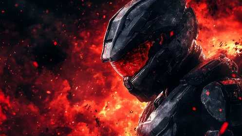 Armored sci fi soldier in burning red battlefield flames.