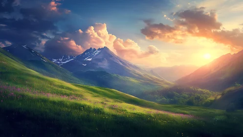 Radiant alpine valley under volumetric sunset illumination.