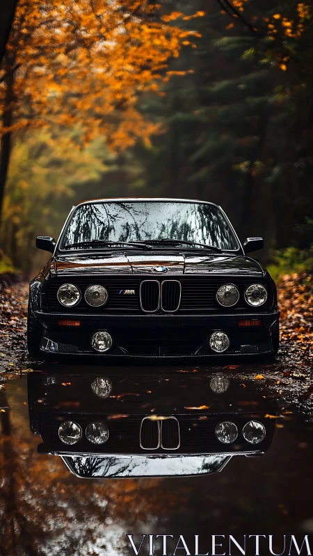 Mirror-still puddle crowns a classic BMW amid autumn blaze