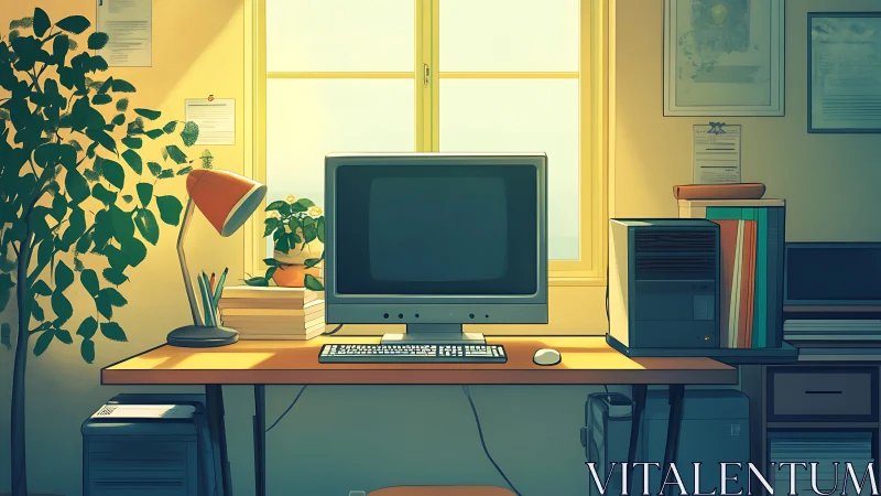 Digital painting of sunlit retro workstation with plants and files.
