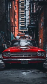 Chromatic front view of vintage red sedan in urban alleyway.