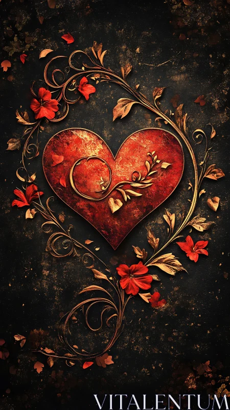 Ornate Red Heart with Golden Florals. Romantic baroque design.