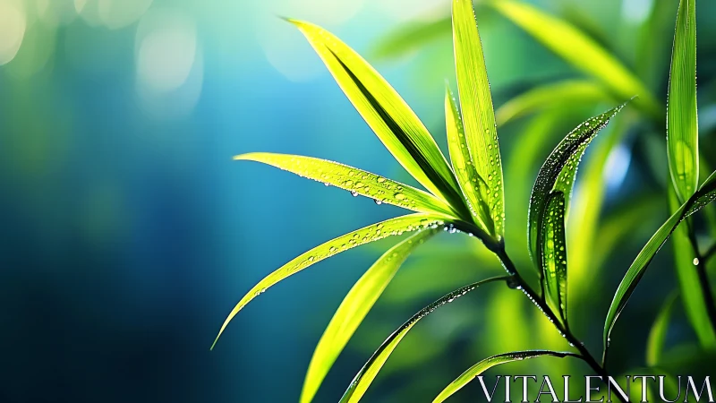 Green bamboo leaves with water droplets in soft focus light.