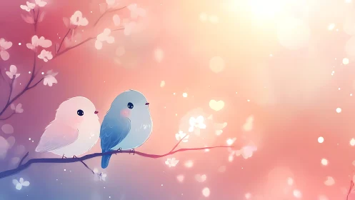 Two Birds on Branch with Floral Background.