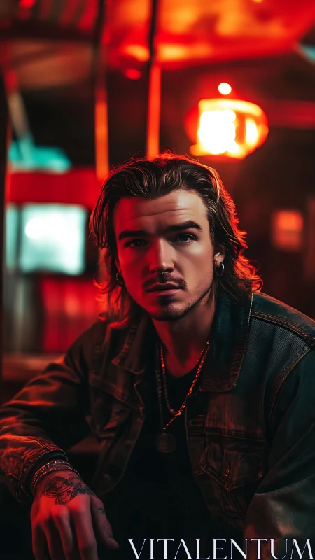 Moody portrait of tattooed man in red neon bar lighting.